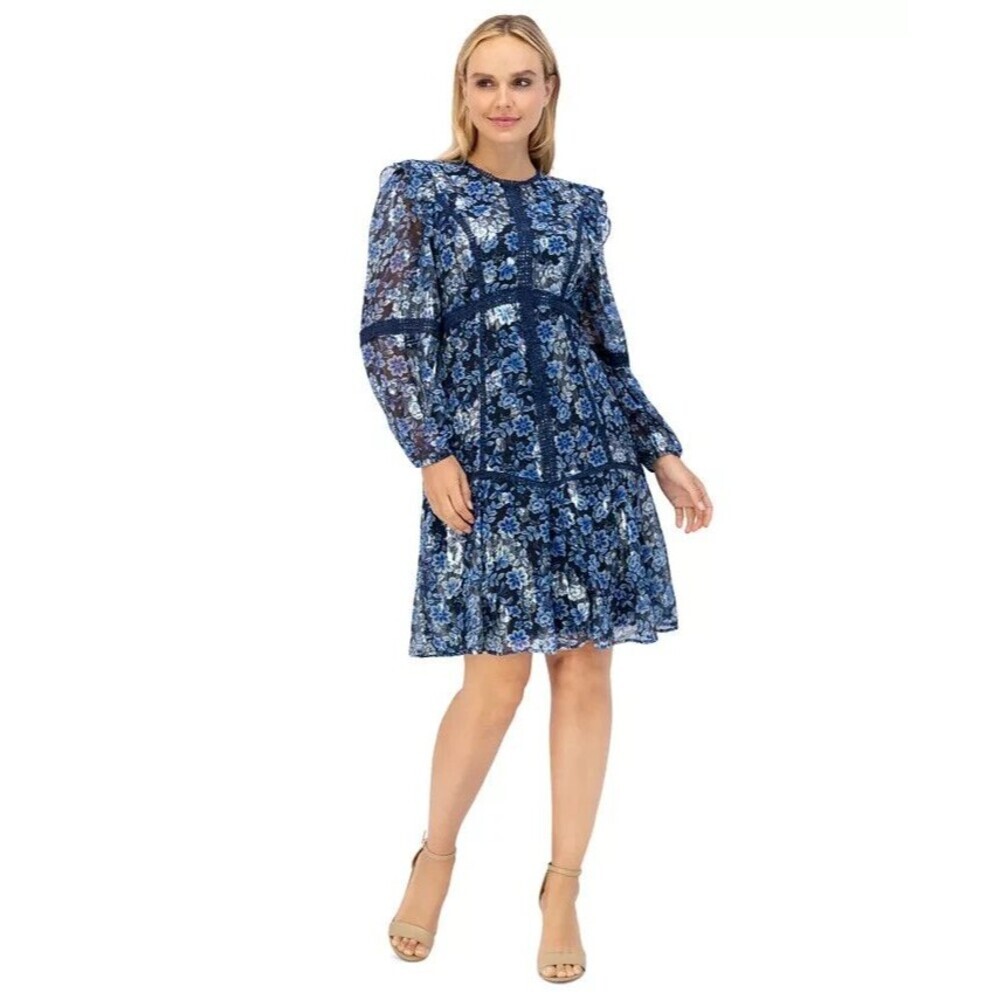 Eliza J Women's Printed Balloon-Sleeve Tiered Mini Dress Navy Blue Silver 14